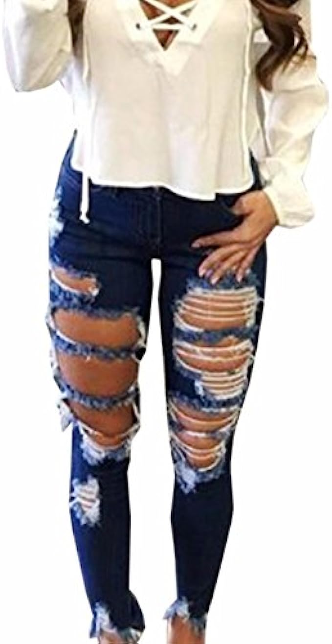 Sexyshine Women's High Waisted Skinny Destroyed Ripped Hole Denim Pants  Long Stretch Pencil Jeans