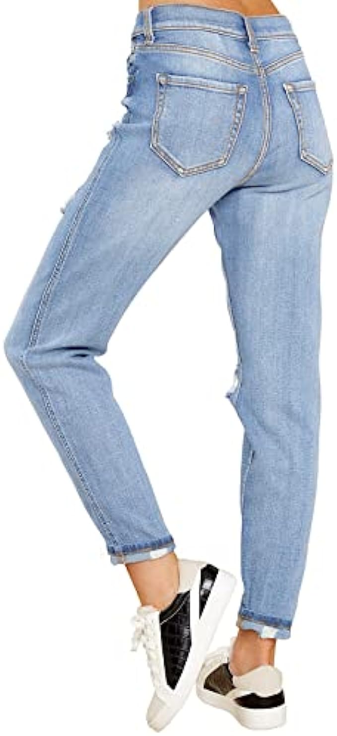 GRAPENT Women's Casual High Waisted Mom Jeans Ripped Stretchy Tapered Denim  Pants