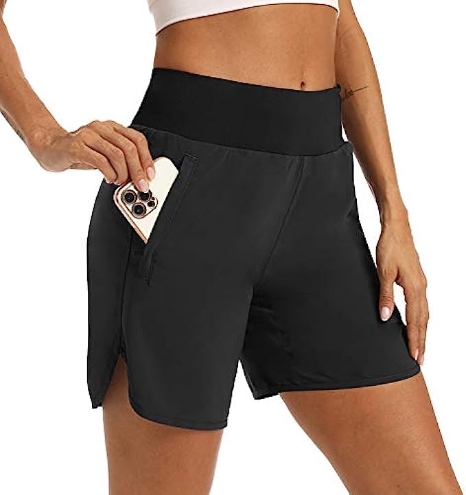BALEAF Women's 7 Inches Long Running Shorts Back Zipper Pocketed Lounge  Sport Gym Shorts with Liner Black Size XXL 