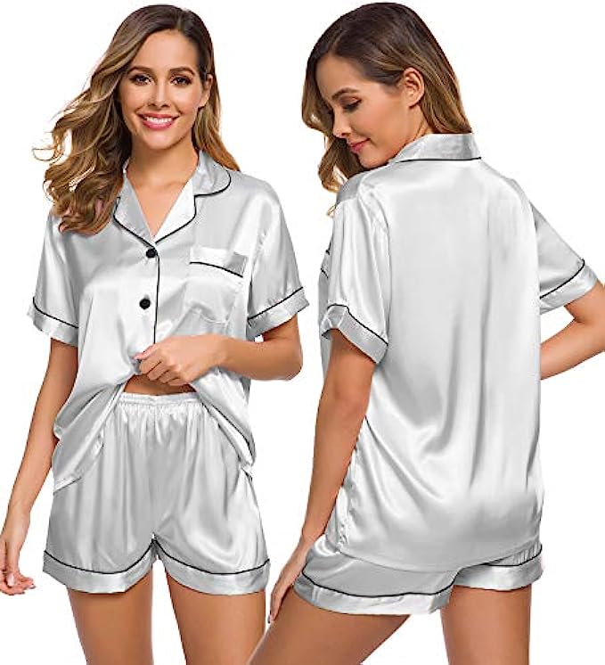 Silk Satin Pajamas Women, Silk Pjs for Women Set, Two-piece Button-down  Sleepwear Short Sleeves With Shorts 