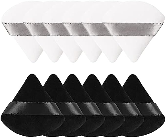 12 Pieces Pure Cotton Powder Puff Face Triangle Soft Makeup Puff for Loose Powder Body Cosmetic Foundation Sponge Mineral Powder Wet Dry Makeup Tool with Strap-Black/White