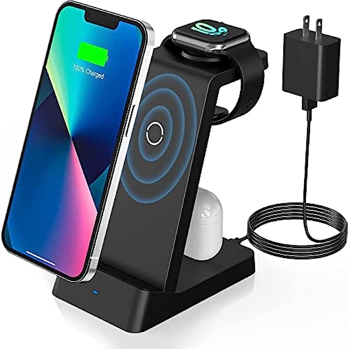 Wireless Charging Station, 18W Fast Wireless Charger Compatible with iPhone 13/12/11/Pro/SE/XS/XR/X/8 Plus/8, 3 in 1 Wireless Charging Dock Stand for Apple Watch Series & Airpods (with Adapter)