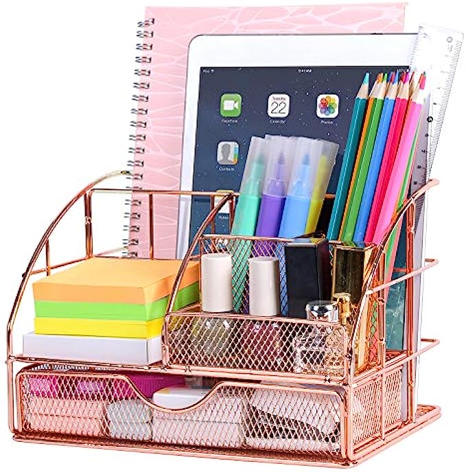 Upgraded Desk Organizer for Women, Cute Mesh Office Supplies Accessories Essentials Caddy with Drawer for Home & Office Desktop Organization & Decor, Rose Gold