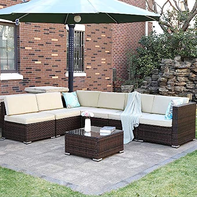YITAHOME 7 Piece Outdoor Patio Furniture Sets, Garden Conversation Wicker Sofa Set, and Patio Sectional Furniture Sofa Set with Coffee Table and Cushion for Lawn, Backyard, and Poolside, Brown