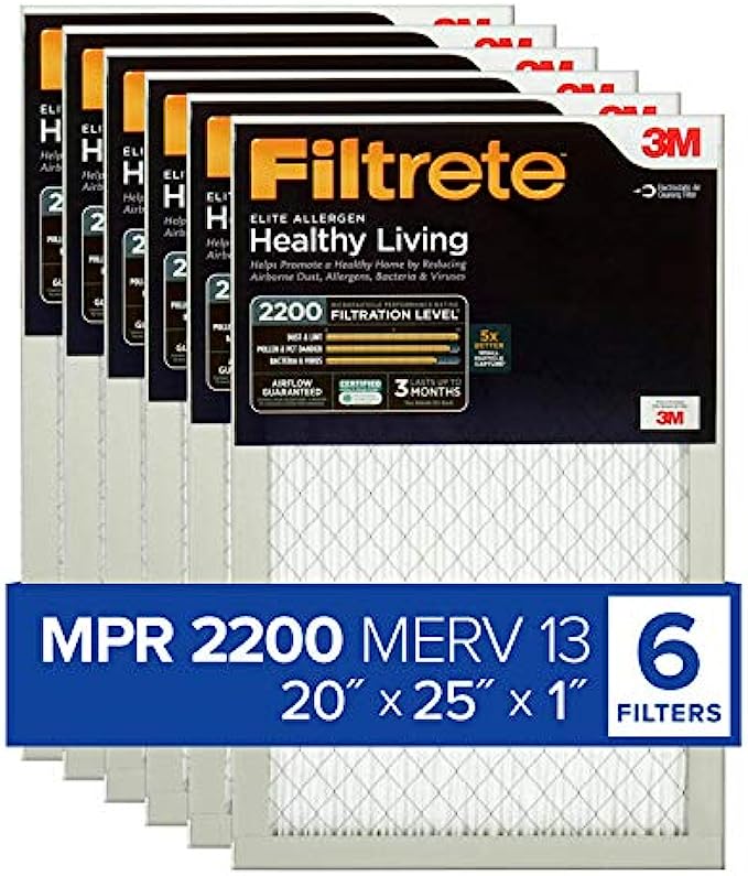 Filtrete 20x25x1, AC Furnace Air Filter, MPR 2200, Healthy Living Elite Allergen, 6-Pack (exact dimensions 19.69 x 24.69 x 0.78)