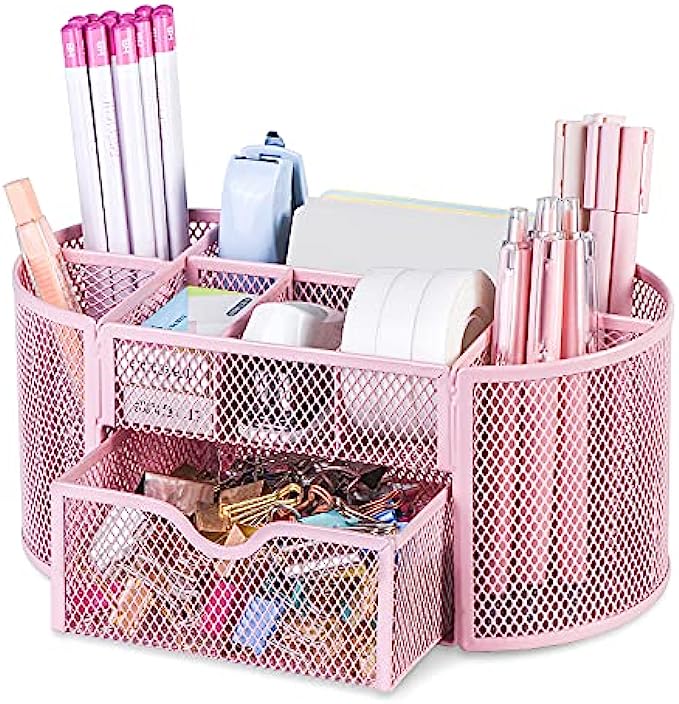 Pink Pen Holder Organzier, Cute Office Supplies Pen and Marker Organization Essentials Desk Caddy with Drawer for Home & Office Desktop & Decor& Kitchen