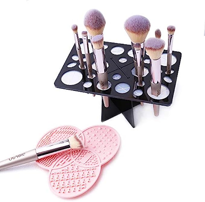 Makeup Brush Cleaning Mat & Makeup Brush Drying Rack, YLong-ST 28 Holes Makeup Brush Holder, Silicone Rubber Clover Shaped Mat Cleaner - Black & Pink