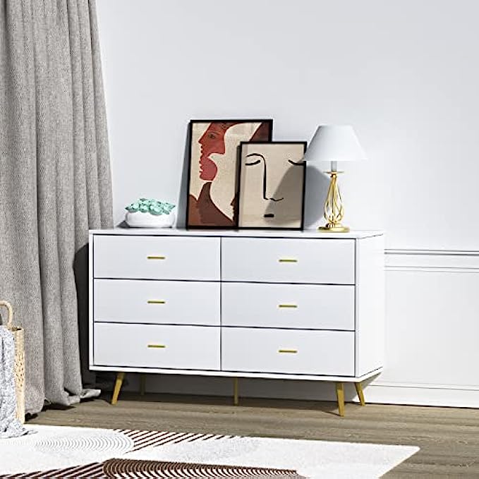 LYNSOM White Dresser for Bedroom, Modern 6 Drawer Dresser with Wide Drawers and Metal Handles, Wood Storage Chest of Drawers for Living Room Hallway Entryway