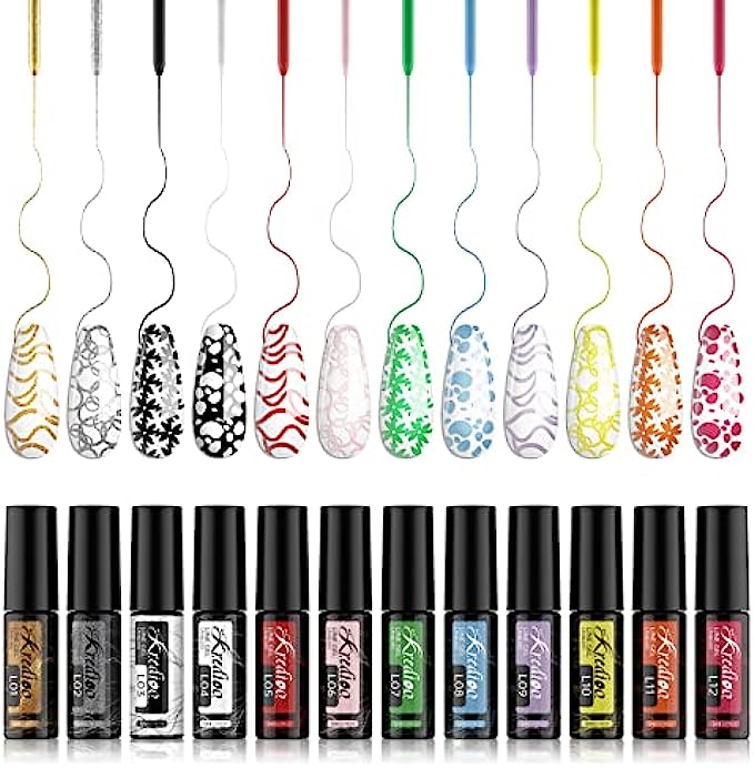 Kredioo Gel Polish Nail Liner Art 12 Colors Soak Off Golden Silver Neon Nails Polishes Thin Brush Nail Art Paint Lines Gift Pakcage Salon Quality