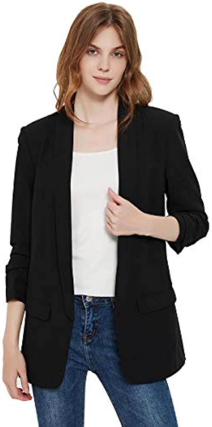 Grlasen Women's Casual Long Blazers Ruched 3/4 Sleeve Lapel Oversized Suit  Jacket Elegant Work Office Blazer Jackets Black at  Women's Clothing  store