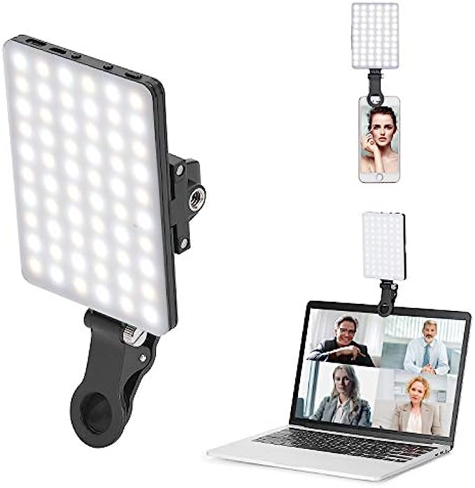 Newmowa 60 LED High Power Rechargeable Clip Fill Video Light with Front & Back Clip, Adjusted 3 Light Modes for Phone, iPhone, Android, iPad, Laptop, for Makeup, Selfie, Vlog, Video Conference