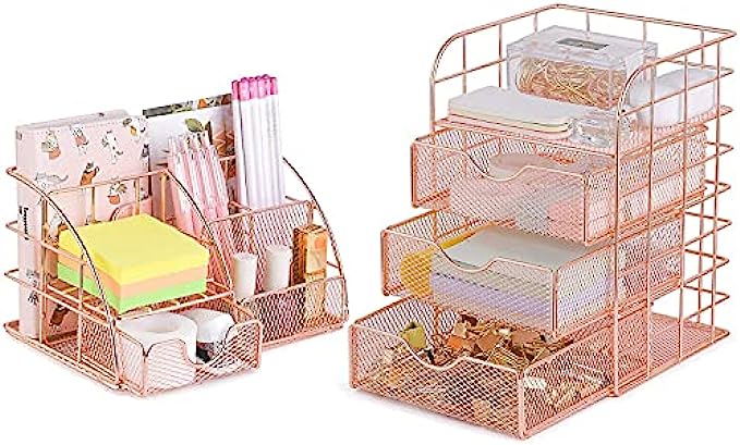 POPRUN Desk Organizer Pen Holder Office Supplies,Cute Mesh Office Supplies Accessories Essentials Caddy with Drawers for Home & Office Desktop Organization & Decor, Rose Gold - Set of 2