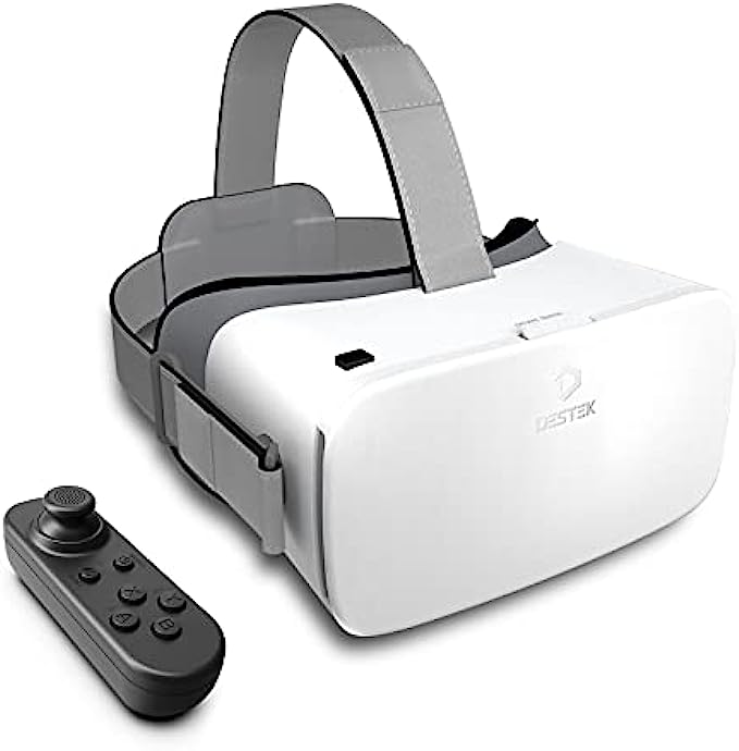 DESTEK V5 VR Headset for Phone with Controller, 110°FOV HD Anti-Blue Virtual Reality Goggles for iPhone 13/12/11 & Androd & Samsung | VR Glasses for Smartphone w/4.7-6.8in Screen (White)