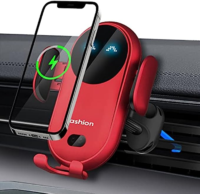 Car Wireless Charger Phone Holder, BENBOAR Cell Kharly Phone Mount with Qi 10W Wireless Charging Smart Sensor Auto-Clamping Phone Holder Car Air Vent Stand for iPhone Samsung etc Most Smartphones, Red
