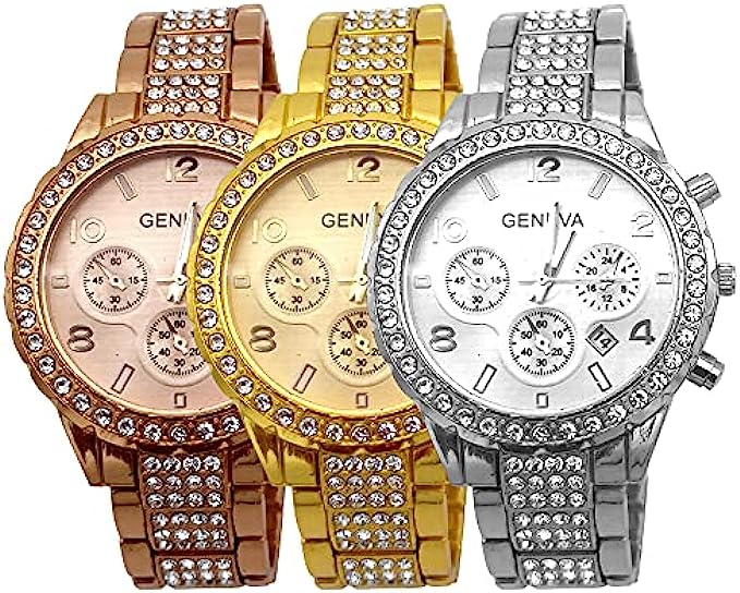 3 Pack Unisex Luxury Pave Floating Crystal Diamonds Digital Calendar Quartz Watch Rose Gold Silver Wrist Watches with Stainless Steel Link Bracelet