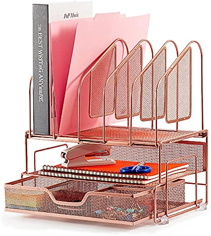 Beiz Rose Gold Desk Organizer with Storage Drawer, 2 Paper Tray & 5 Upright Slots File Folder Holders Desktop Organizers, Cute Desk Supplies for Women Office Home School