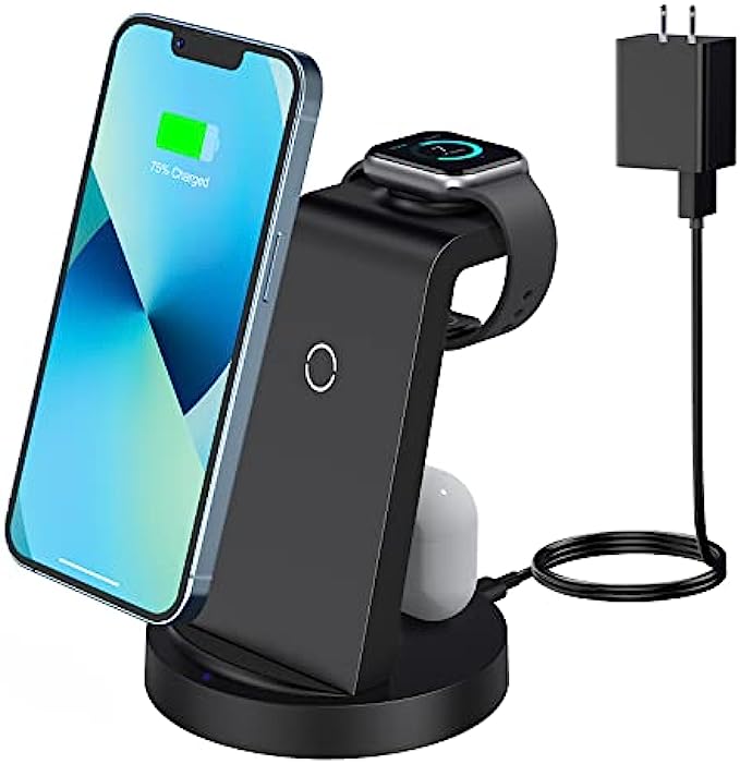 Wireless Charging Station, 3 in 1 Wireless Charger Compatible with iPhone 13 Pro/13/12/11/Pro/SE/XS/XR/X/8 Plus/8, Fast Wireless Charging Stand Dock for Apple Watch Series & Airpods(with Adapter)