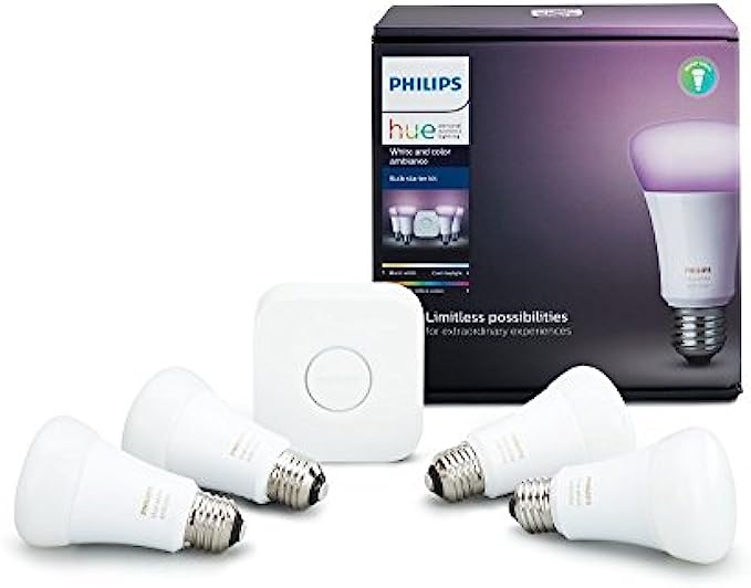 Philips Hue White and Color Ambiance A19 60W Equivalent LED Smart Bulb Starter Kit (4 A19 Bulbs and 1 Hub Compatible with Amazon Alexa Apple HomeKit and Google Assistant)