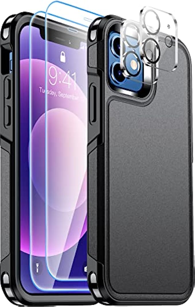 Temdan Heavy Shockproof for iPhone 12 Case & iPhone 12 Pro Case, with [2 Pcs Tempered Glass Screen Protector+2 Pcs Camera Lens Protector][Drop proof][Tough Rugged Full-Body Protection]