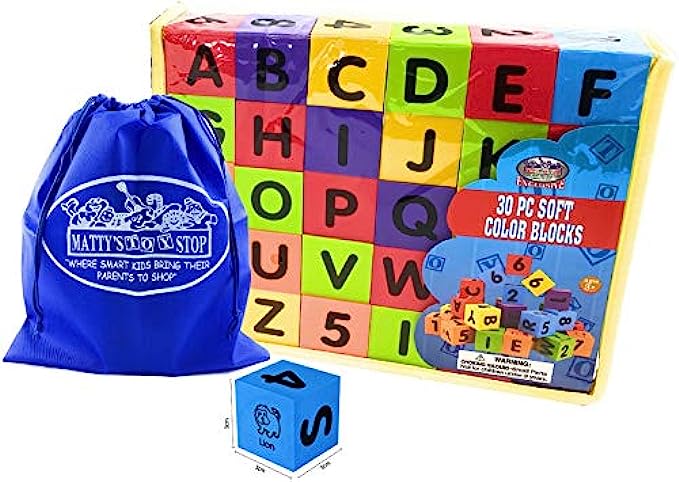 Deluxe 2" EVA Foam Colorful Building Blocks (30 PCS) Featuring Abc's, Numbers & Pictures with Bonus Matty's Toy Stop Storage Bag