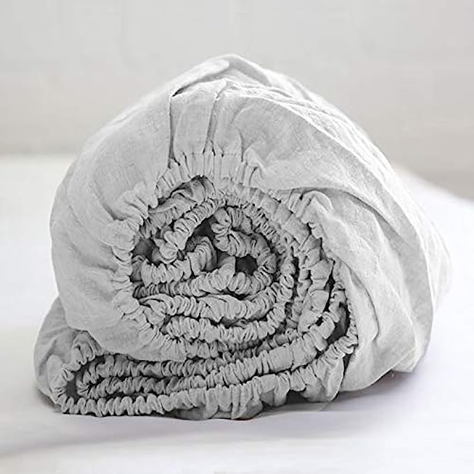 Simple&Opulence 100% Linen Fitted Sheet (1 Piece) Mattress Cover, Natural Belgian Flax-King Size, 14 Inch Deep Pocket Stone Washed-Farmhouse Bedding-Grey