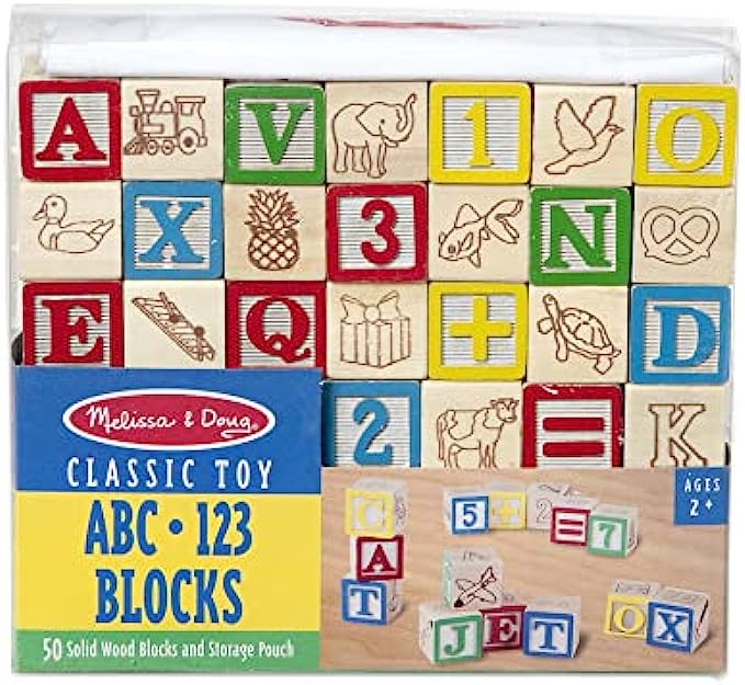 Melissa & Doug Deluxe Wooden ABC/123 1-Inch Blocks Set With Storage Pouch (50 pcs)