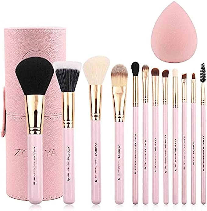 Zoreya Makeup Brush Set 12pcs Pink Synthetic Makeup Brushes Travel Set With Holder Makeup Brush Organizer Foundation Powder Contour Blush Eye Cosmetic Brush Sets In Case With Bonus Gift Makeup Sponge