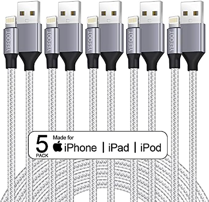 5Pack(3/3/6/6/10FT) [Apple MFi Certified] iPhone Charger Lightning Cable Compatible iPhone 13Pro/13/12Pro Max/12Pro/12/11/Pro/Xs and More-Silver&White