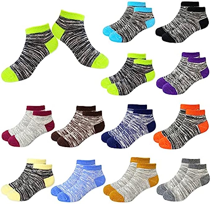 Jamegio Ankle Athletic Socks 12 Pairs Boys Socks Kids Toddler Half Cushion Low Cut socks for Boys Girls Size Age 2-10 Years