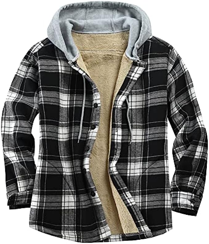 Derbars Men's Cotton Plaid Shirts Jacket Fleece Lined Flannel Shirts Sherpa Button Down Jackets with Hood for Men
