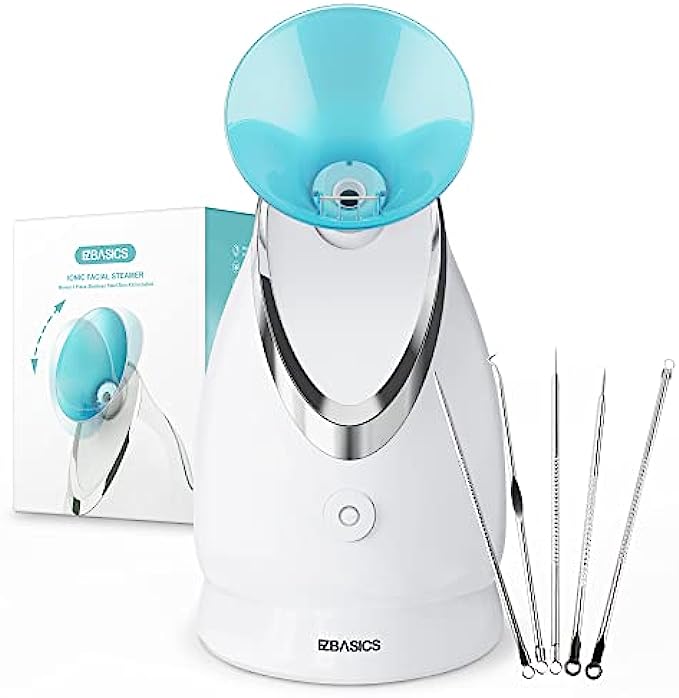 Facial Steamer EZBASICS Ionic Face Steamer for Home Facial, Warm Mist Humidifier Atomizer for Face Sauna Spa Sinuses Moisturizing, Unclogs Pores, Bonus Stainless Steel Skin Kit(Blue)