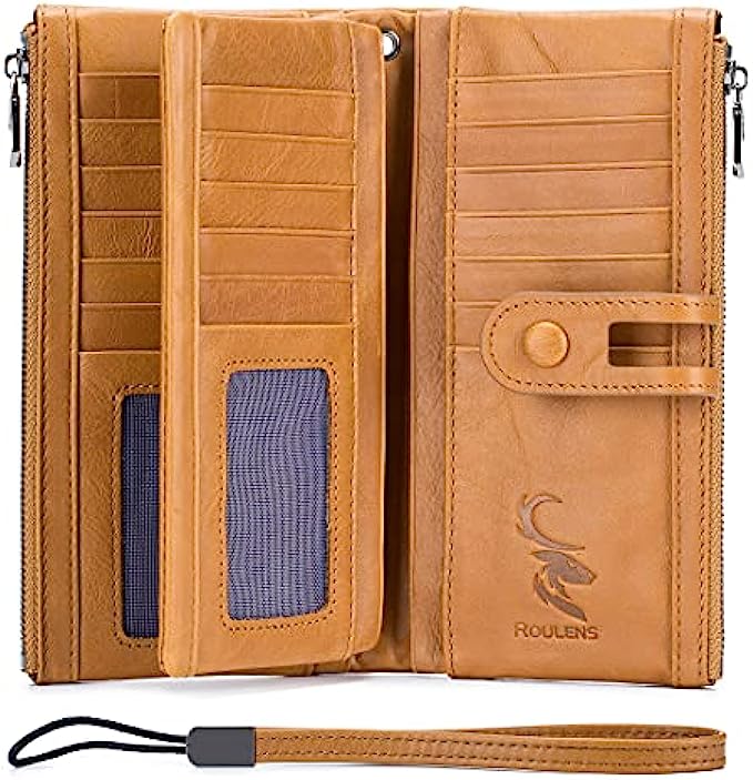 ROULENS Wallet for Women Genuine Leather Card Holder Phone Checkbook Organizer Zipper Coin Purse