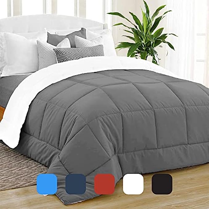 Equinox Comforter King - Duvet Insert - Quilted Down Alternative Comforter - Thick Comforter with Corner Tabs - Box Stitched 100% Microfiber Comforter (King, Navy Blue/Charcoal Grey)