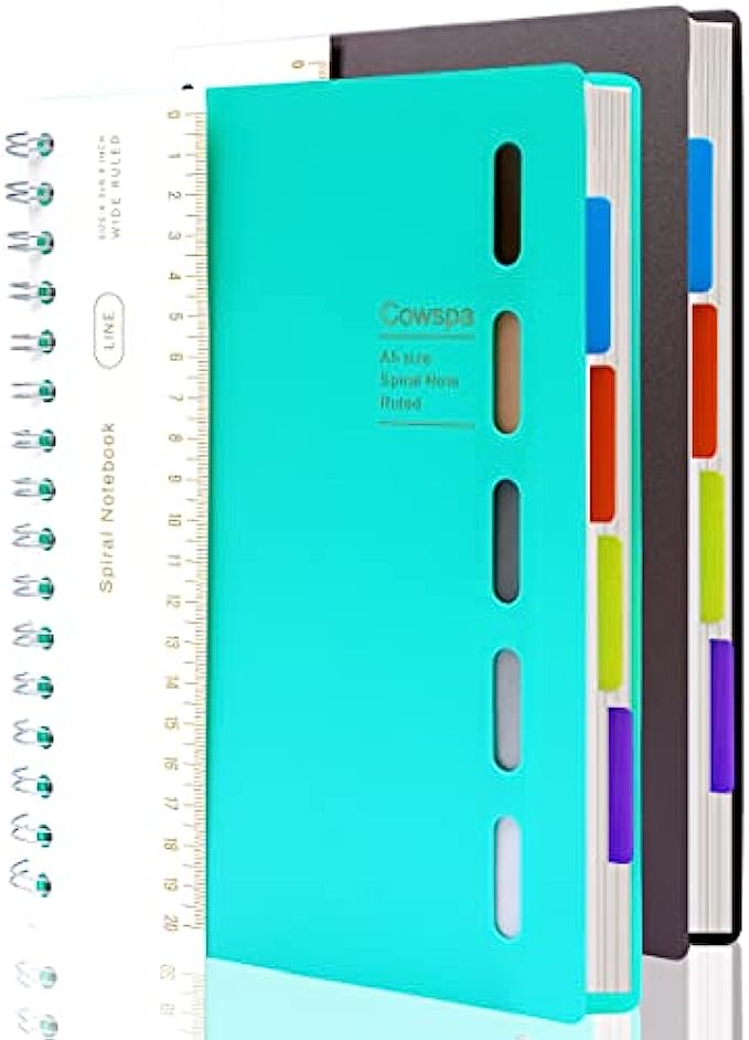 2 Pack 5 Subject Notebook Spiral Bound Journal Wide Ruled 7"x 8.5" Hardcover Spiral Notebook with Dividers A5 Lined Notebook for College Students Writing Journal School Office Supplies,Teal&Black