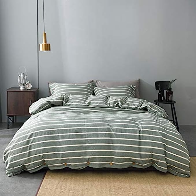JELLYMONI Striped 100% Washed Cotton Linen Like Duvet Cover Set, 3 Pieces Luxury Soft Bedding Set with Buttons Closure, Green Stripes Pattern Duvet Cover Queen Size(No Comforter)