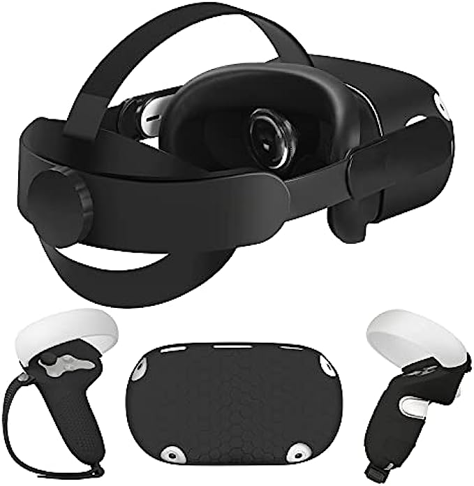 MASiKEN 5-in-1 Accessories for VR Headset, Replacement Head Strap Kit, VR Shell Front, Face Cover,Controllers Cover, Enhanced Comfort and Support in VR (Cool Black)