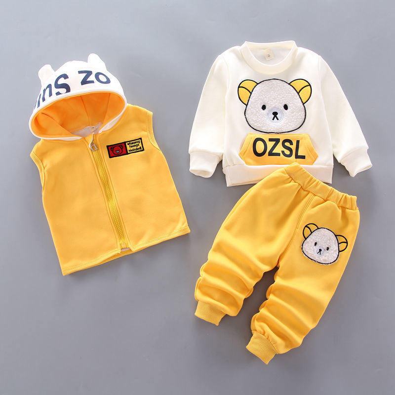 Color: Yellow cat, Size: 90cm - Three-Piece Children's Autumn and Winter Baby Casual Suit