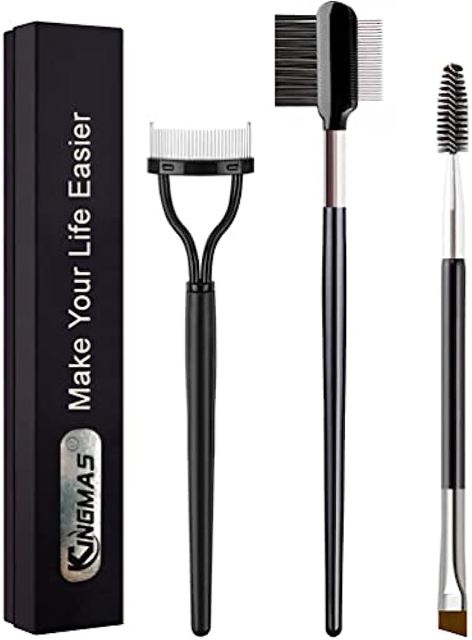 KINGMAS 3Pcs Angled Eyebrow Brush, Eyelash Comb Curlers Spoolie Brush, Steel Brow Brush Mascara Comb Makeup Grooming Tool