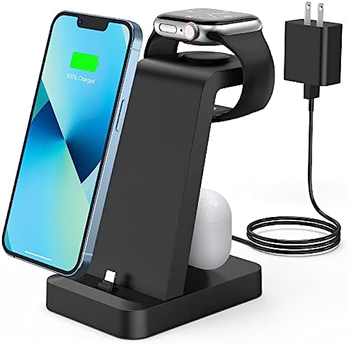 Charger Station for iPhone Multiple Devices - 3 in 1 Fast Wireless Charging Dock Stand for Apple Watch Series 7 6 SE 5 4 3 2 & Airpods iPhone 13 12 11 Pro X Max XS XR 8 7 Plus 6s 6 with Adapter