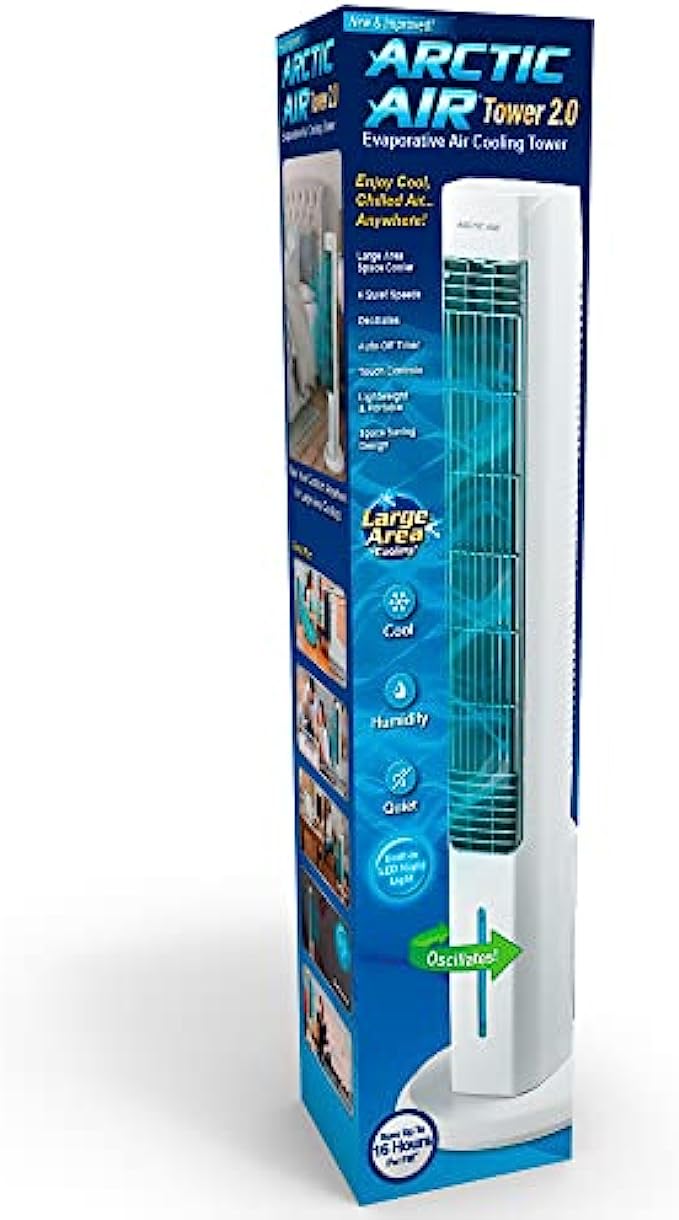 Arctic Air Tower 2.0 Evaporative Air Cooler - Large Area Room Cooling, 4 Speed Settings, Quiet Oscillation, Space-Saving, Perfect for Bedroom, Living Room, Office & More