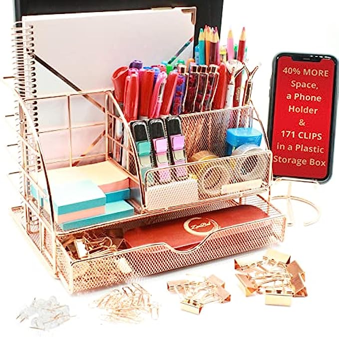 Rose Gold Desk Organizer for Women: Large 7 in 1 Mesh Metal Supplies Organizer with Pen Holders, Folder Holder & Accessories Drawer, a Phone Holder + 171 Clips Set w/ a Plastic Box by OFFICE ALMIG