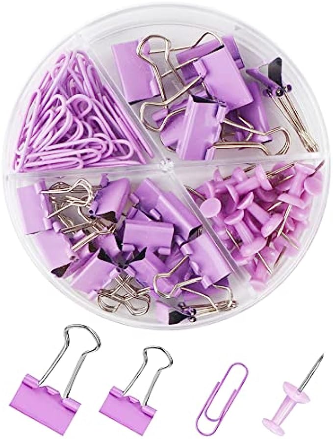 Creechwa Purple Binder Clips and Paper Clips Push Pins Tacks Sets, Total 72 PCS Assorted Sizes Office Supplies Set for Women, Student, School, Home & Desk Supplies