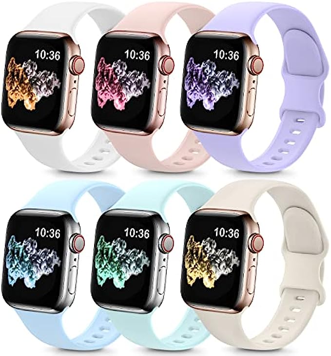 6 Pack Bands Compatible with Apple Watch Band 38mm 40mm 41mm 42mm 44mm 45mm Women Men, Soft Silicone Sport Strap for iWatch Series 7 6 5 4 3 SE White/PinkSand/LightGreen/LightBlue/Lavender/Starlight