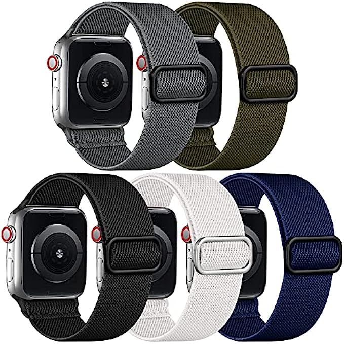Adorve 5 Pack Stretchy Solo Loop Bands Compatible with Apple Watch Band 38mm 40mm 42mm 44mm 41mm 45mm for Women Men, Soft Nylon Elastic Braided Replacement Straps for iWatch SE Series 7/6/5/4/3/2/1